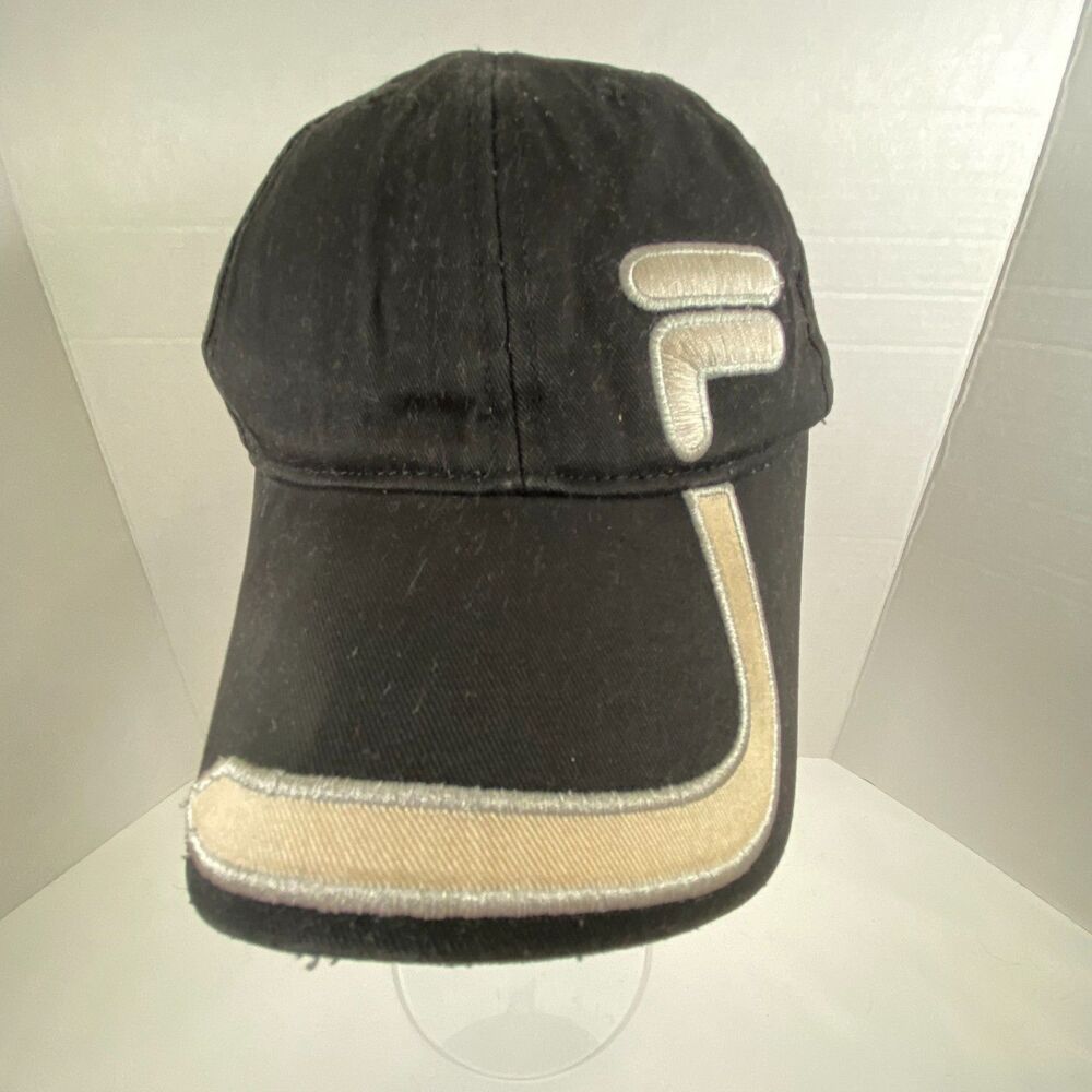 Vintage FILA Hat Black Silver Tan Embroidered F-Box Logo Strapback Baseball Cap